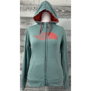 The North Face Women's Sz Med Half Dome Logo Full Zip Hoodie Pockets Green Coral